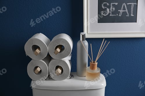 Preview: Decor elements, necessities and toilet bowl near blue wall. Bathroom interior