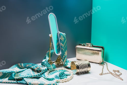 Preview: toy mirror with silk scarf and female accessories in miniature blue room