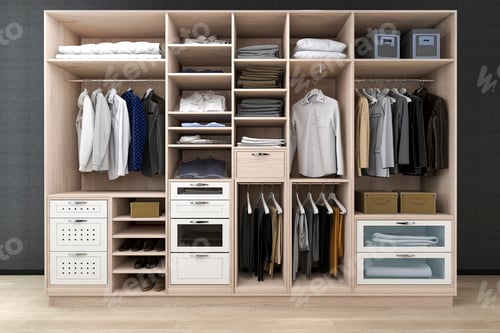 Preview: 3d rendering minimal scandinavian walk in closet with wood wardrobe