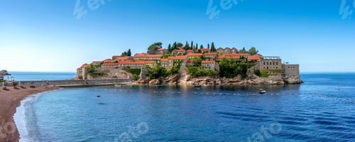 Preview: Picturesque panorama of Sveti Stefan resort-island, Montenegro, Adriatic sea, Europe