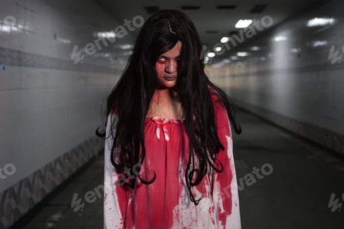 Preview: Scary woman in white dress with bloodstain after murder, Halloween concept