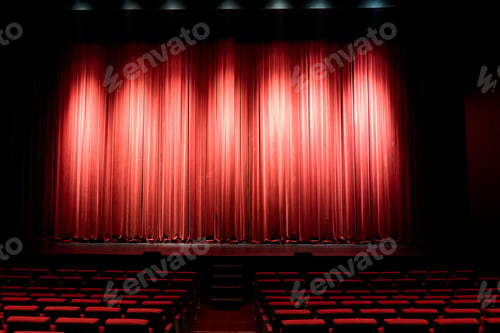 Preview: Empty stage with red curtain and spotlights
