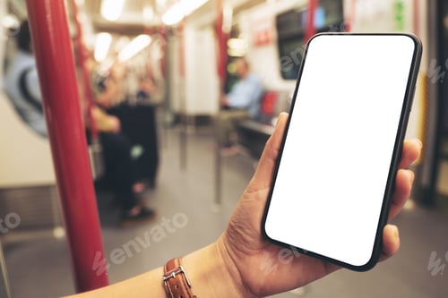 Preview: Mockup image of woman's hands holding black mobile phone with blank screen in subway
