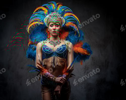 Preview: Portrait of a female in a colorful sumptuous carnival feather suit. Isolated on a dark background.