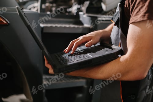 Preview: Professional auto mechanic using laptop for truck diagnostics in garage