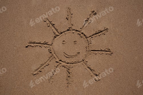 Preview: Beach . The sun is drawn on the sand, the seashore. Postcard with place for text
