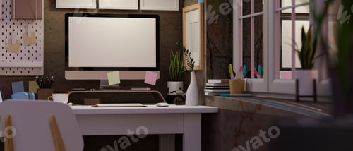 Preview: Modern loft vintage contemporary workspace interior with pc computer