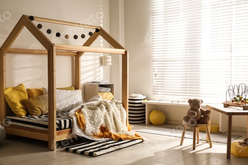 Preview: Cozy child room interior with comfortable bed