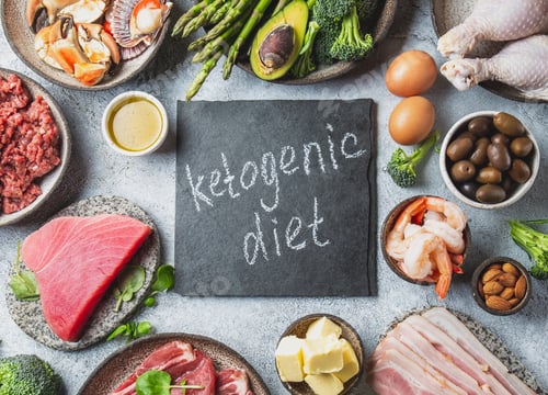 Preview: KETOGENIC DIET CONCEPT. Healthy low carb product background. Top view