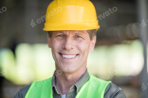 Preview: Close-up portrait of middle aged builder in hard hat smiling at camera