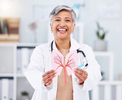 Preview: Doctor, senior woman and lungs picture, healthcare and portrait with happy surgeon and cardiovascul