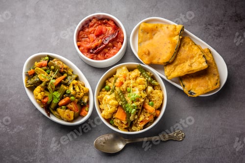 Preview: Bengali Bhog food for Indian Hindu Durga Puja or pooja festival. Khichadi, labra, tomato chutney