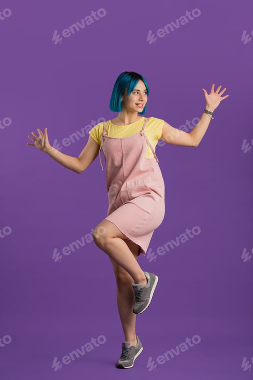 Preview: stylish girl jumping with happy face expression.