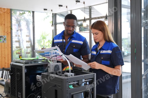Preview: Engineers are working at 3D printing workshop.