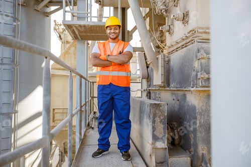 Preview: Happy African engineer standing at industrial site