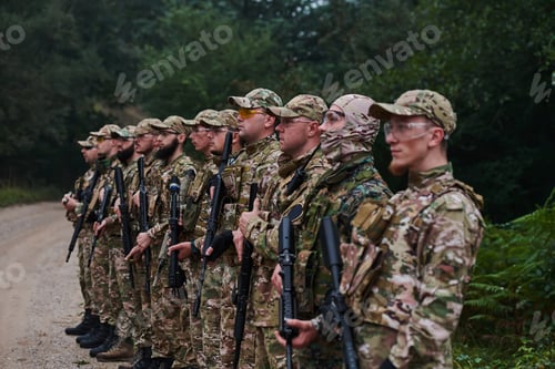 Preview: Soldier fighters standing together with guns. Group portrait of US army elite members, private