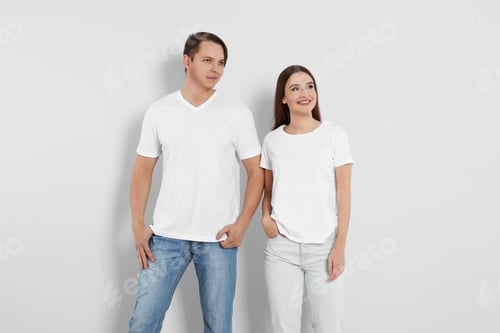 Preview: Young couple in stylish jeans on light background