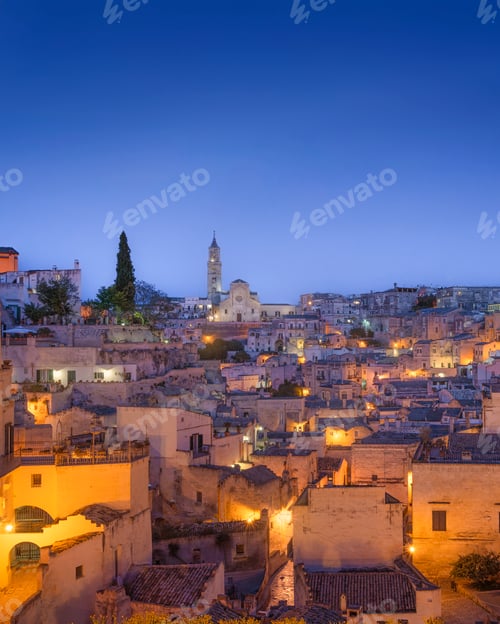 Preview: Sassi di Matera at Blue Hour with Cathedral, Basilicata, Italy
