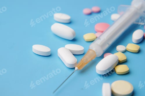 Preview: syringe and pills on blue background, close up