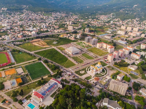 Preview: Town of Bar in Montenegro in summer. Church of Saint Jovan Vladimir aerial view