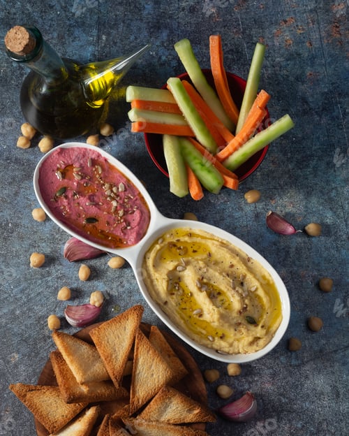 Preview: Top view of an appetizing chickpea and beetroot hummus served with sliced carrot and cucumber