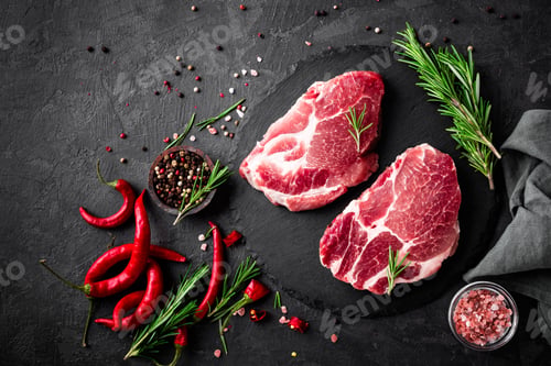 Preview: Raw pork meat. Fresh steaks on slate board on black background. Top view