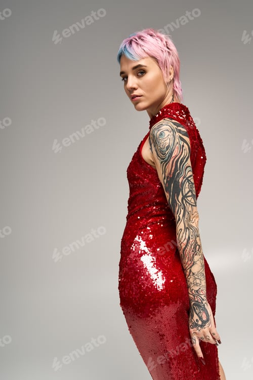 Preview: Festive winter celebration featuring a young woman in a stunning red dress