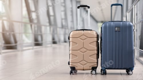 Preview: Two stylish suitcases standing in empty airport hall, panorama with copy space