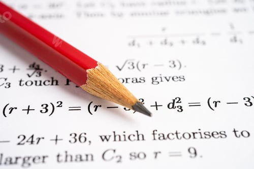 Preview: Pencil on mathematic formula exercise test paper in education school.