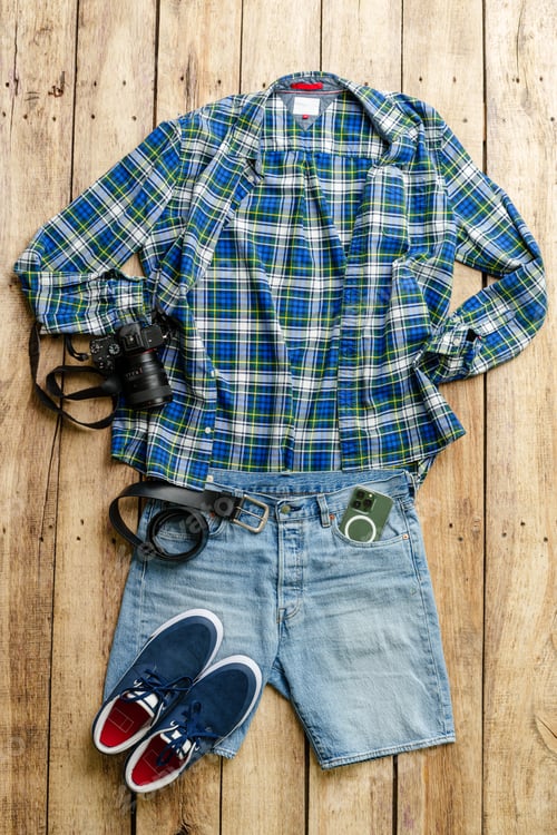 Preview: Flatlay with casual clothes jeans, shirt and shoes on wooden background