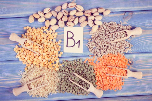 Preview: Vintage photo, Products and ingredients containing vitamin B1 and natural minerals