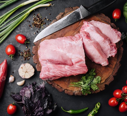 Preview: Raw pork neck meat cuts with spices