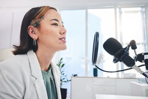 Preview: Woman, radio presenter and speech on microphone, thinking and ideas for financial advice on air. Po