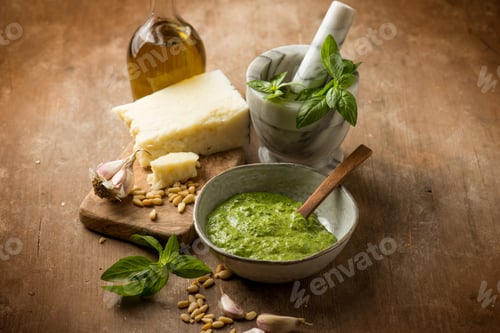 Preview: bowl with traditional italian pesto and ingredients