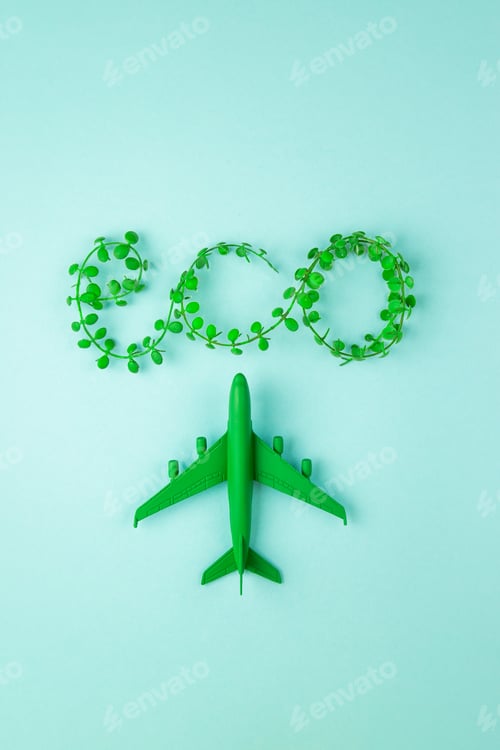 Preview: Eco aviation flight - green plane. Sustainability concept.