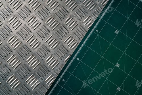 Preview: Industrial metal checker plate and green cutting mat. Metal checker plate texture background. Metal