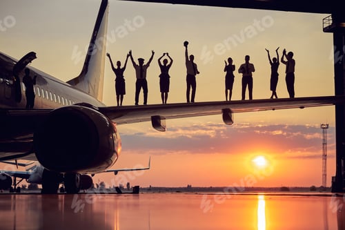 Preview: Happy friendly solid team of pilots and stewardesses isolated on sunset background