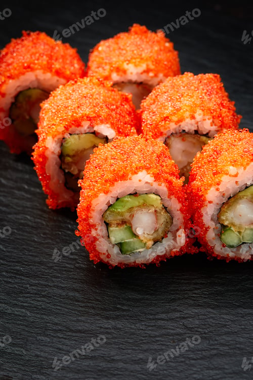 Preview: Sushi rolls california with snow crab, cream cheese, cucumber, sesame seeds and masago caviar on