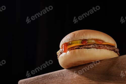 Preview: perfect tasty cheeseburger on wooden table on brown background, bottom view