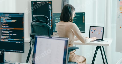 Preview: Female freelance eyeglasses typing write prompt AI bot IT app smart program nomad, video game.