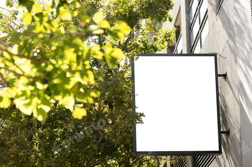 Visualização: Sinal em branco fixado na parede do prédio com espaço de cópia