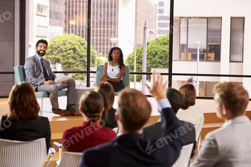 Preview: Male and female seminar speakers take question from audience