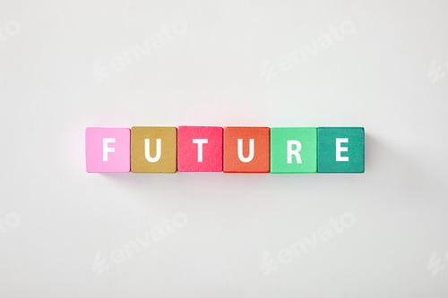 Preview: top view of future made of multicolored cubes on grey background
