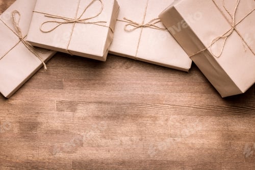 Preview: Pile of gift boxes on wooden background