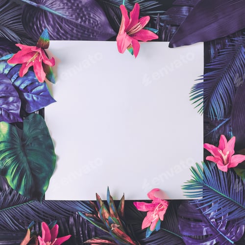 Preview: Creative tropic purple leaves layout. Supernatural concept. Flat lay. Ultra violet colors.