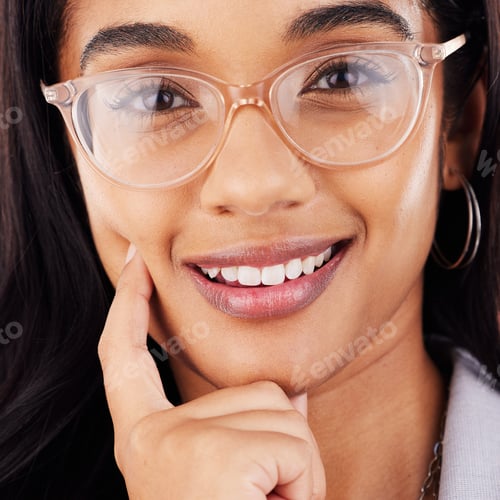 Preview: Glasses, smile and professional with woman in portrait with vision or entrepreneur in closeup. Happ