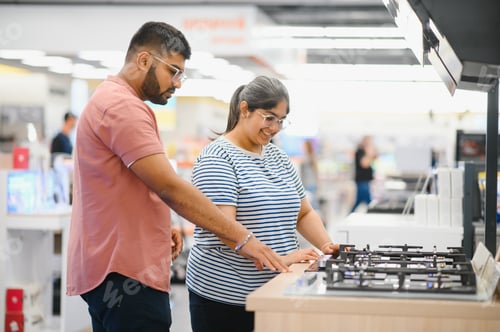 Preview: Young indian couple choosing new gas stove in home appliances store