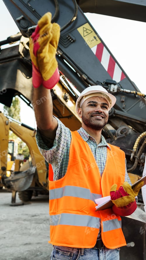 Preview: Construction worker signals with a smile at a building site in the afternoon