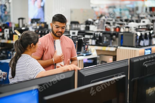 Preview: Beautiful couple buying consumer tech products in modern home appliances store.