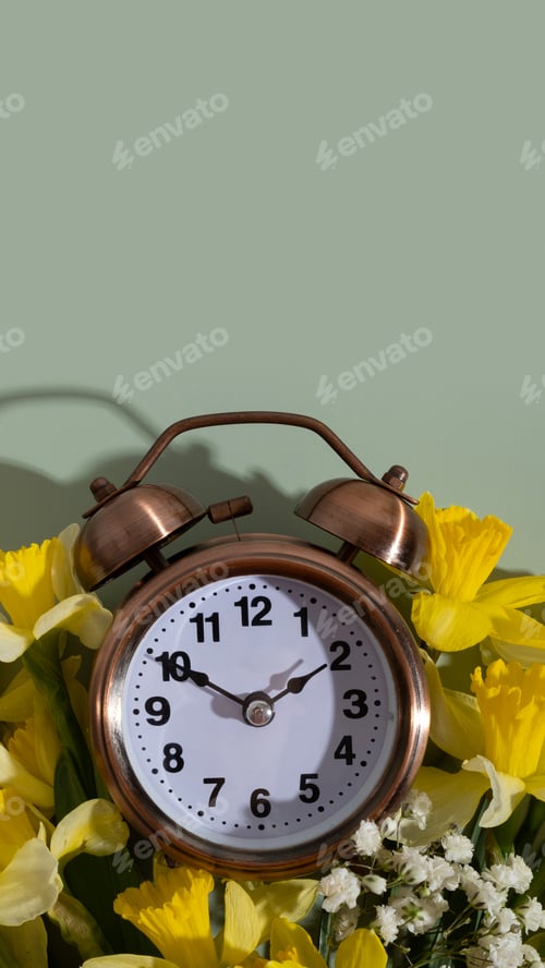 Preview: Alarm clock with yellow daffodils flowers top view; flat lay. Spring time, daylight savings concept